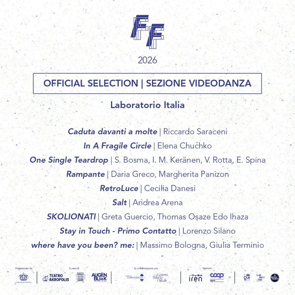 Official selection list for Sezione Videodanza at FF 2026, showcasing Italian dance works.