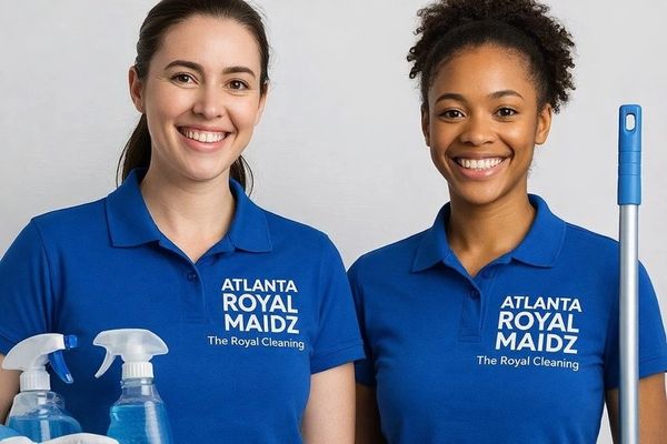 Two smiling cleaning professionals in blue uniforms with cleaning supplies.