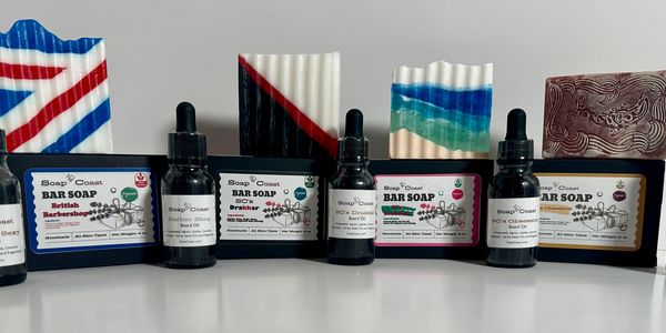group shot of our beard oils and handmade soaps, based in Pensacola, Fl.