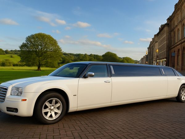 White stretch limousine parked on a brick road near green fields and historic buildings.