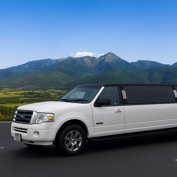 A white stretch limousine parked on a road with mountains in the background.