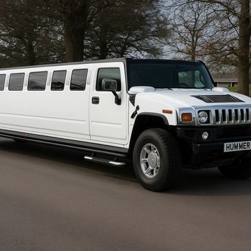 White stretched Hummer limousine parked on the road beside a park.