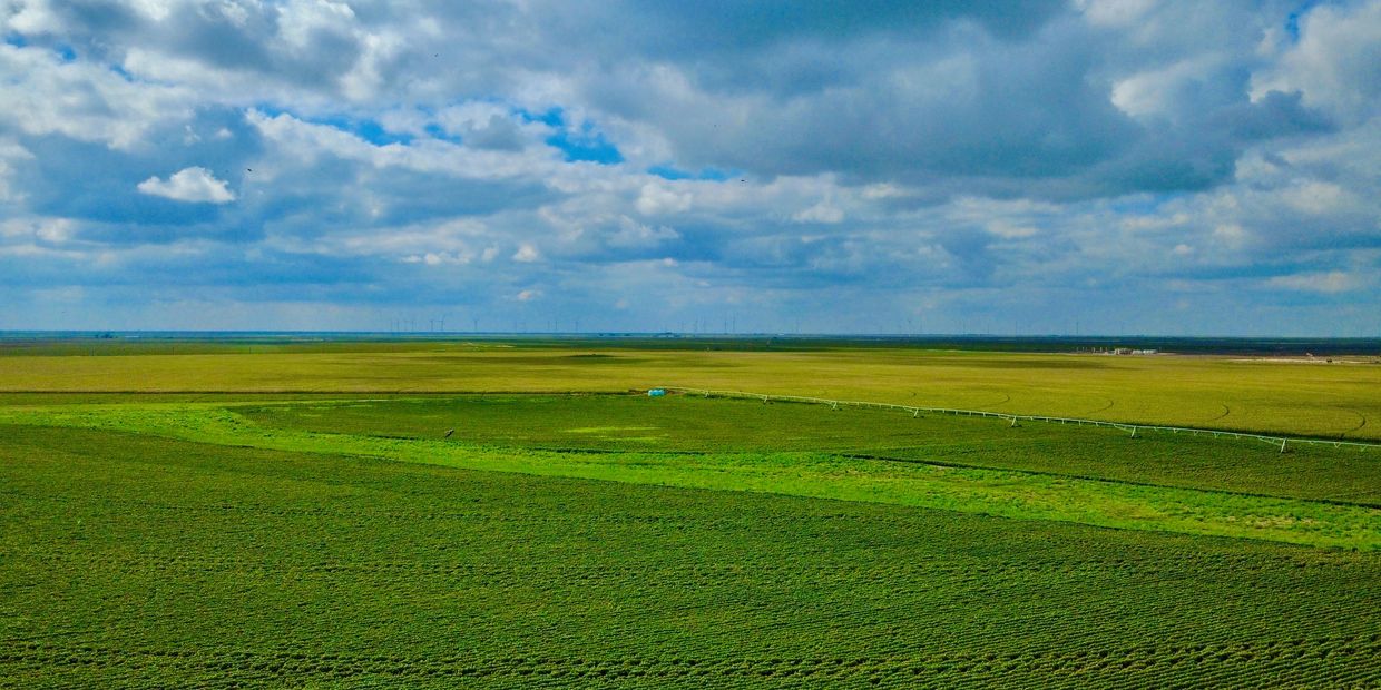 Vast green farmland under a partly cloudy sky.