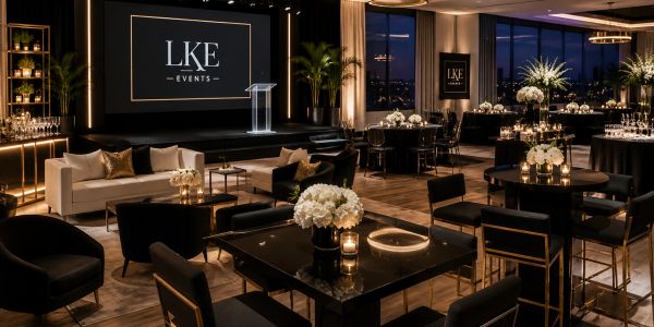 Elegant event space with modern black and gold decor.