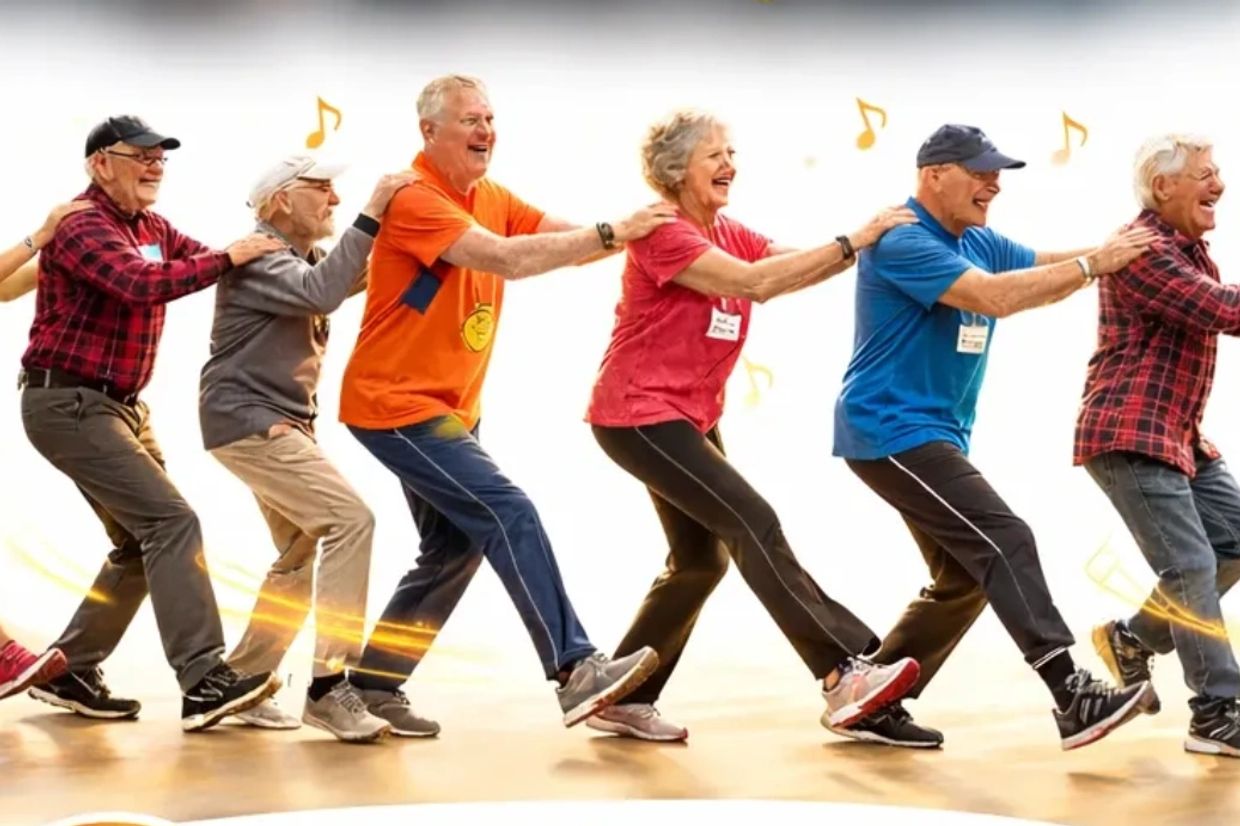 Seniors joyfully dancing in a conga line promoting Parkinson's awareness.