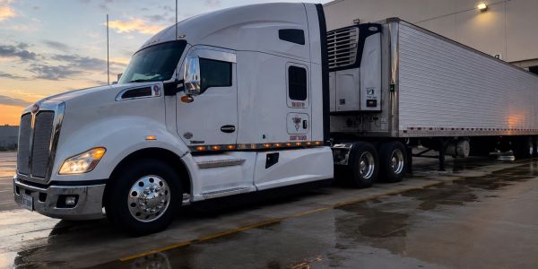 White semi-truck parked outside a warehouse at sunset.