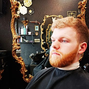 Beard trim with straight razor face shave edge up