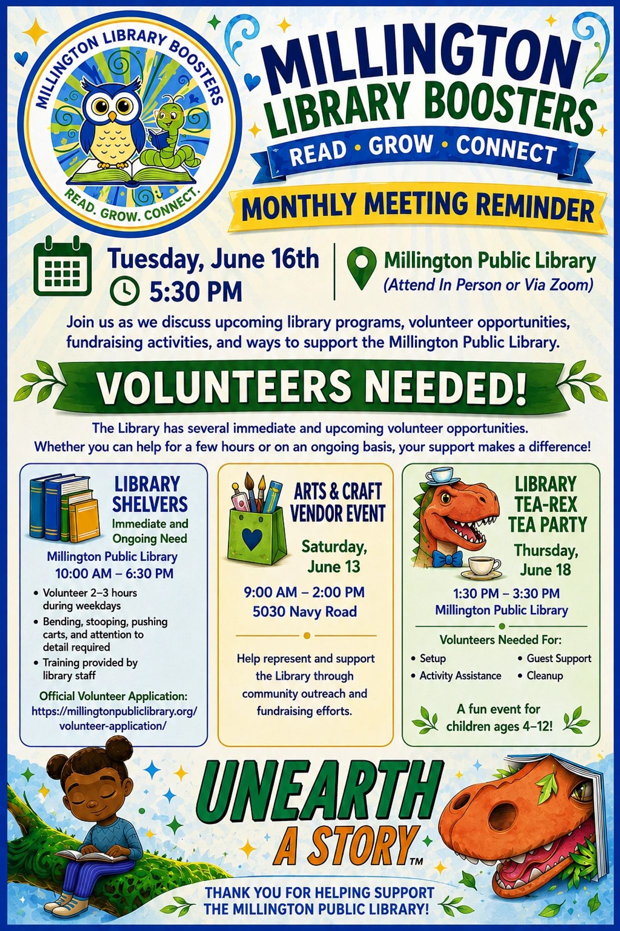Millington Library Boosters monthly meeting reminder and volunteer opportunities in June.
