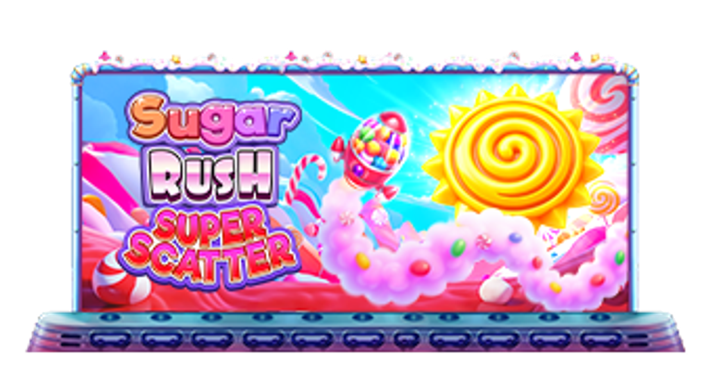 Colorful 'Sugar Rush Super Scatter' game title screen with candy and sun visuals.