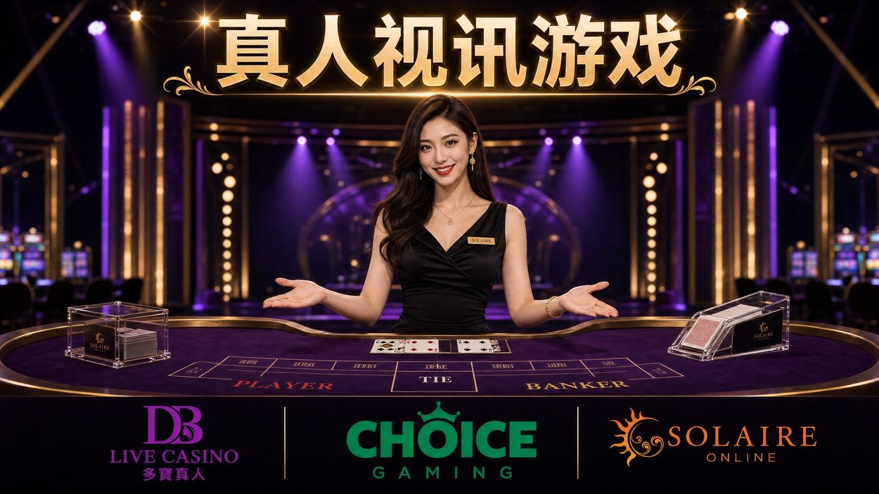 真人视讯游戏宣传图，美女荷官在赌场桌前。
