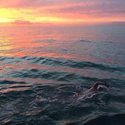 a person swimming across the Engish Channel, during Sunset
