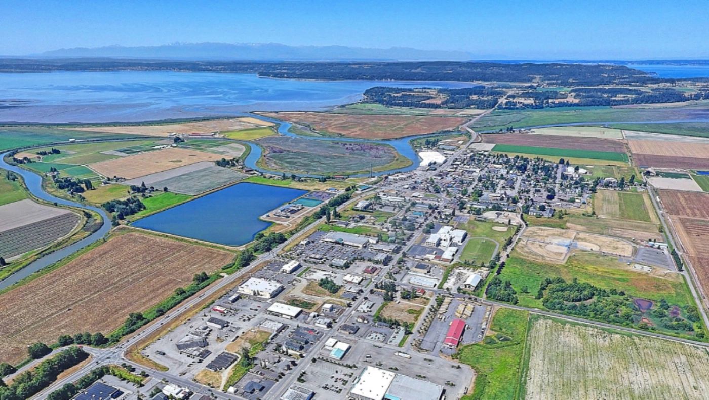 Aerial view of Stanwood and the surrounding area of Snohomish County