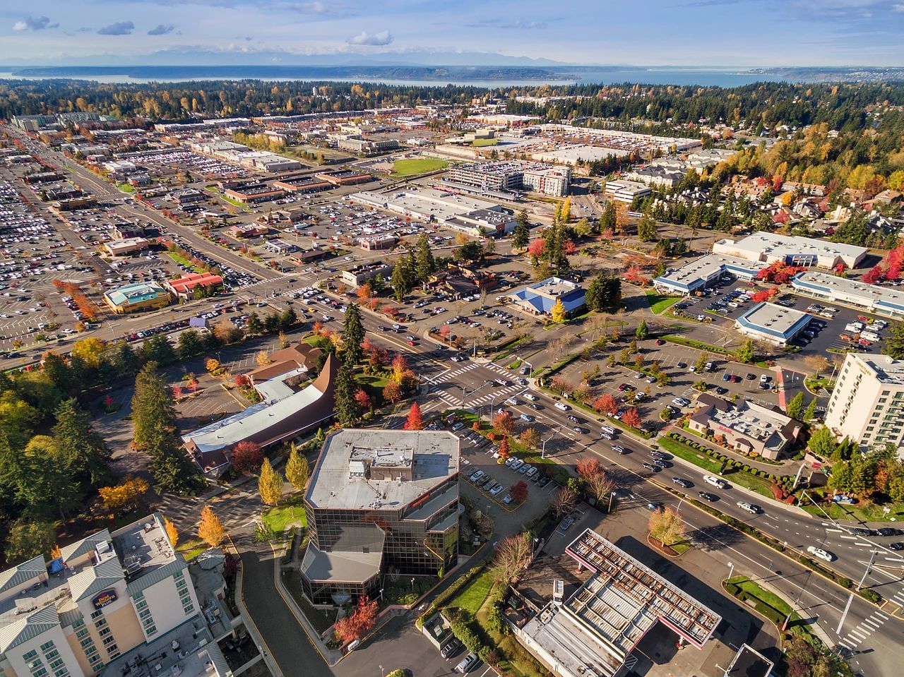 Downtown Federal Way with an aerial view overlooking the main business park near Wild Waves.