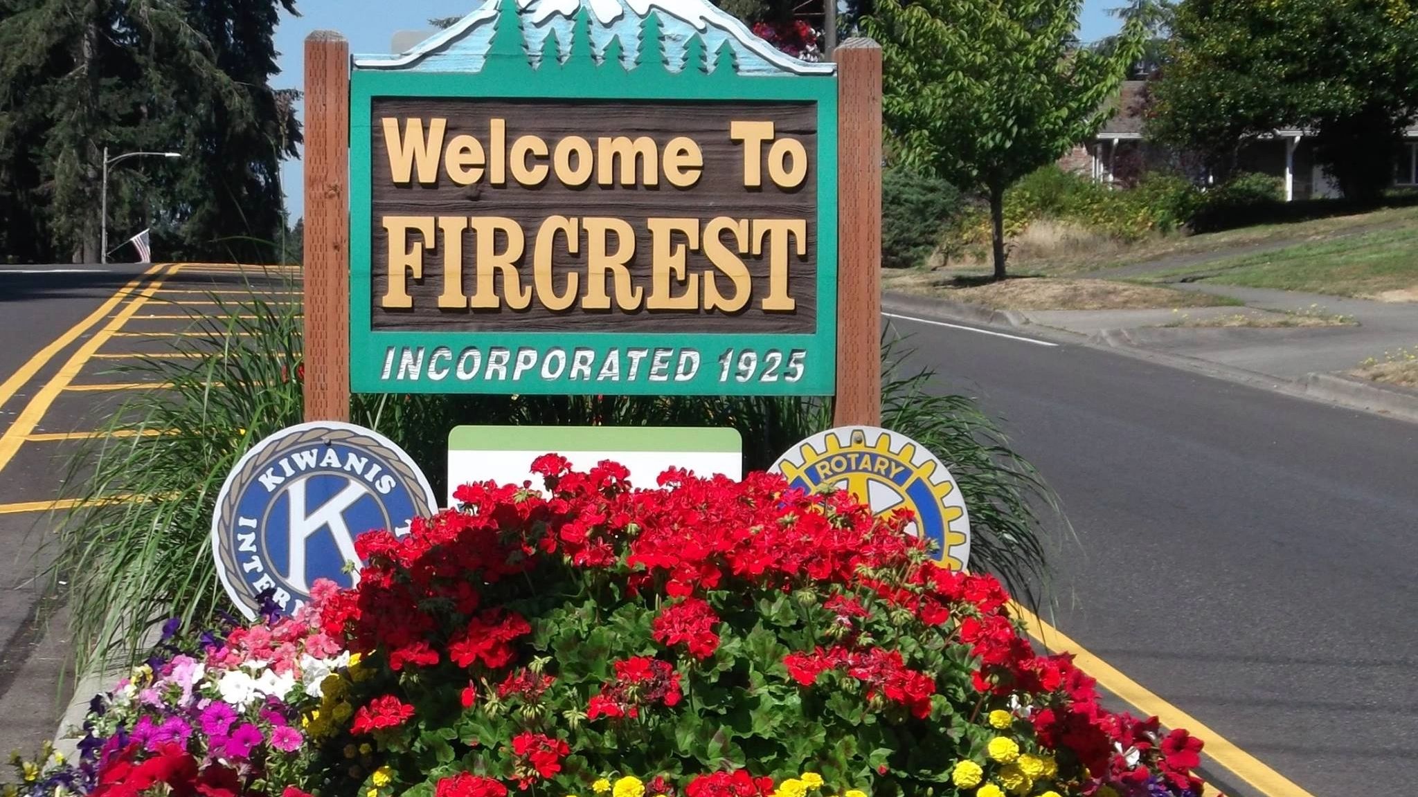 Welcome to Fircrest sign going into the city from the freeway highway 16.