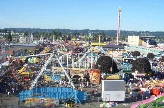 A aerial shot of the Puyallup fair from the south entrance of the Washington State Fairgrounds.