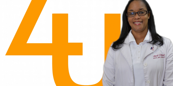 Smiling female medical professional in white coat with orange '4u' logo background.