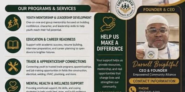 Flyer showcasing Empowered Community Alliance's programs and CEO Darrell Brightful.