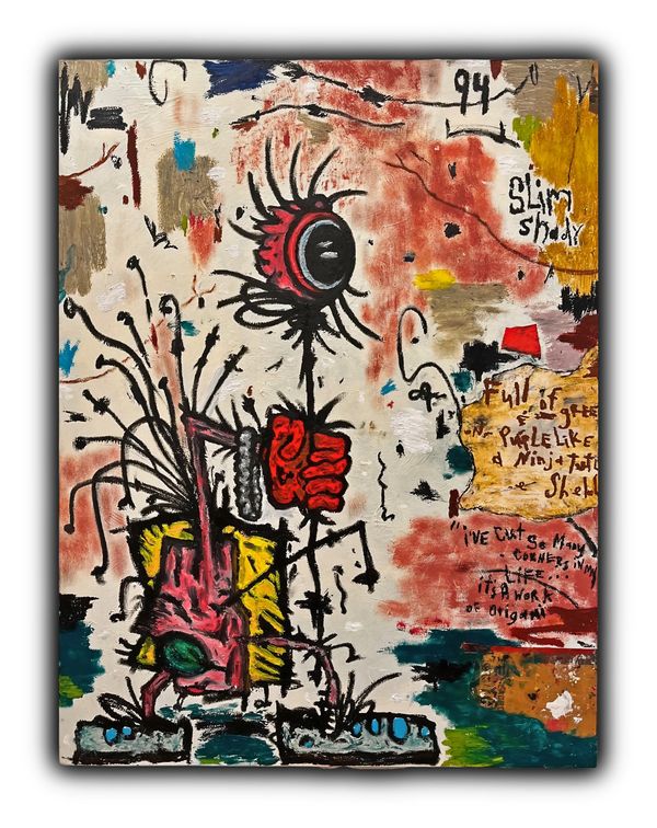 Abstract artwork with vivid colors and chaotic shapes, featuring an eye on a stick and text references to Slim Shady.