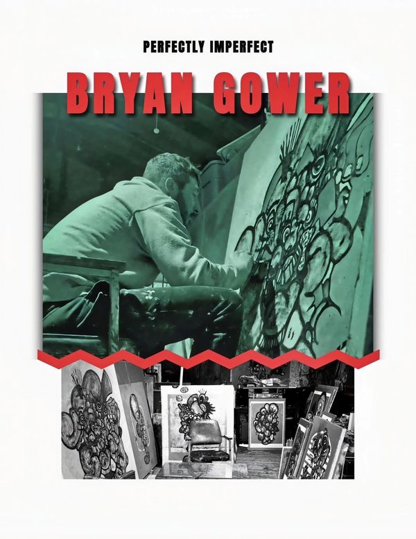 Artist Bryan Gower working on a detailed mural with his artworks displayed.