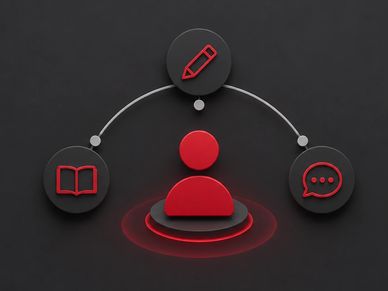 Red user icon connected to writing, reading, and chat icons.