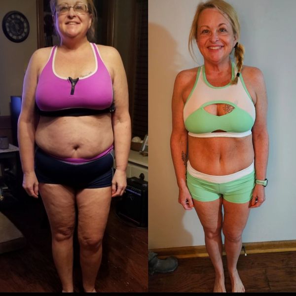 Before and after weight loss transformation of a smiling woman in workout clothes.