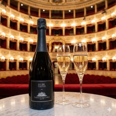 Bottle and two glasses of sparkling wine in a theater.