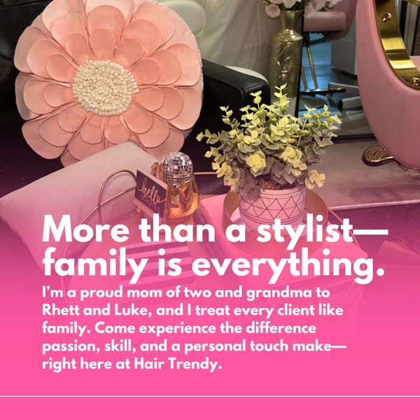 Cozy salon corner with floral and personal touches, emphasizing family values.