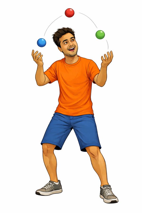 Young man in orange shirt juggling three colorful balls.