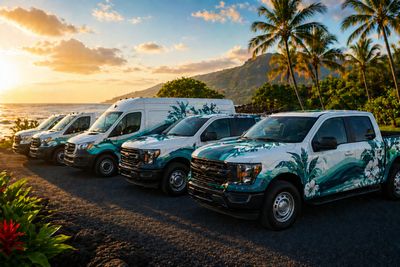 A fleet of decorated trucks and vans lined up at sunset near a tropical beach.