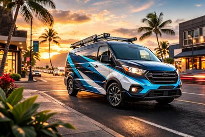 A stylish blue and black van parked on a street at sunset with palm trees.