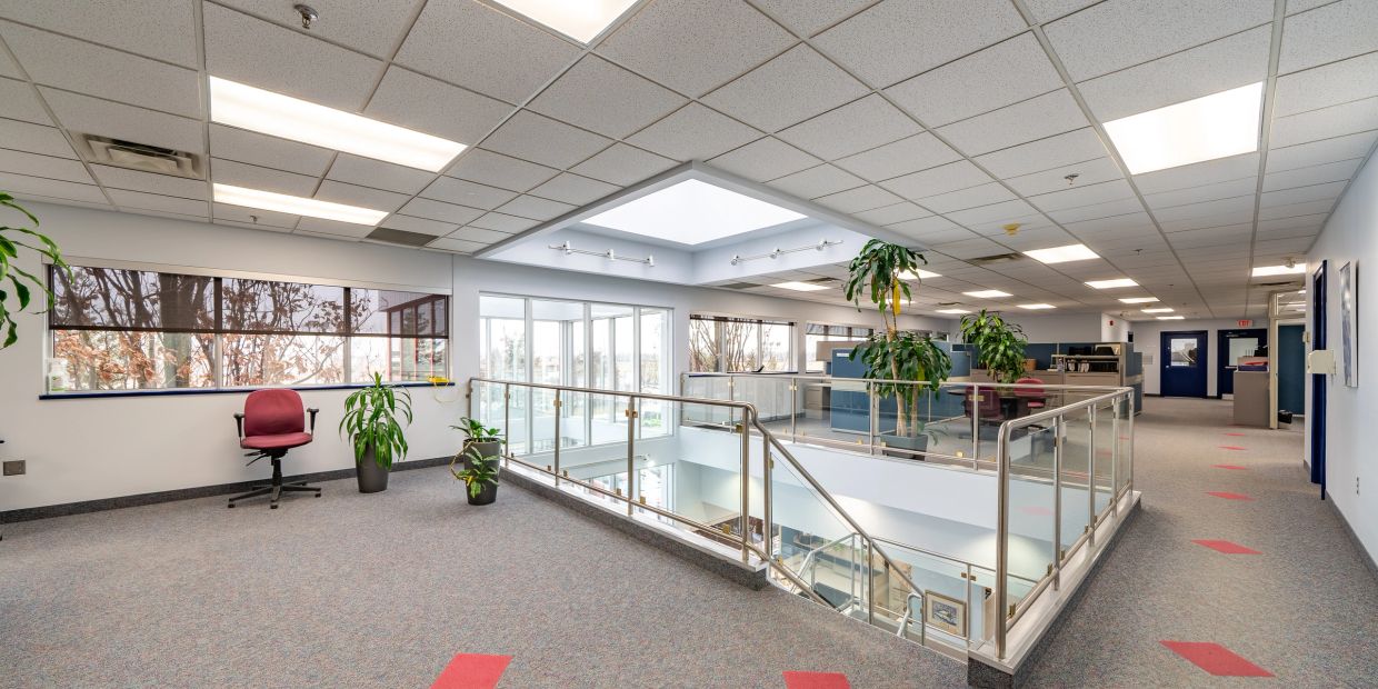 Bright office space with plants and a glass railing around the stairwell.