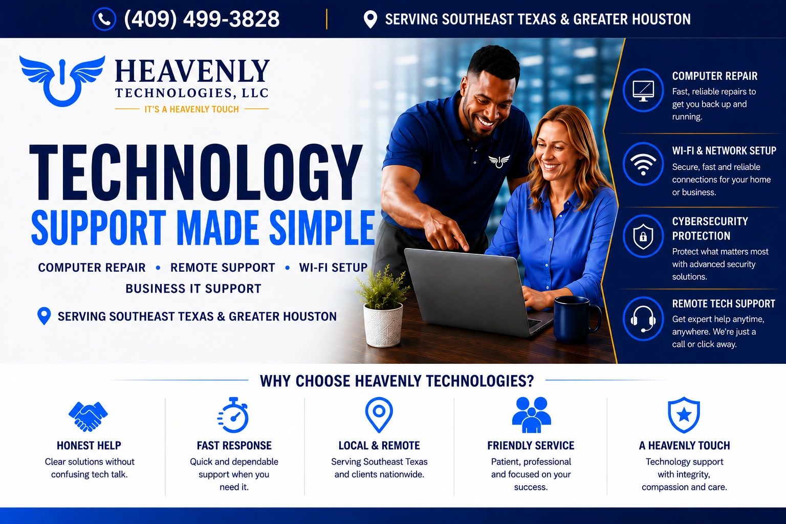 Technology support services offered by Heavenly Technologies in Southeast Texas and Greater Houston.