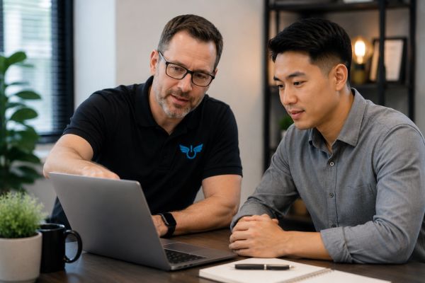 Two men discussing work on a laptop at a desk.