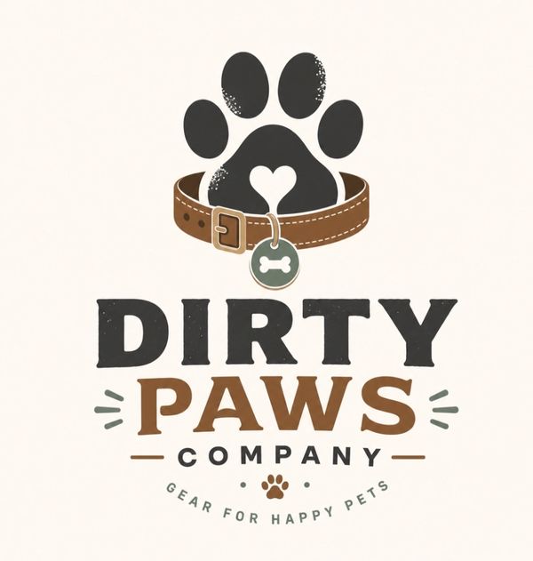 Logo for Dirty Paws Company with a paw and pet collar design.