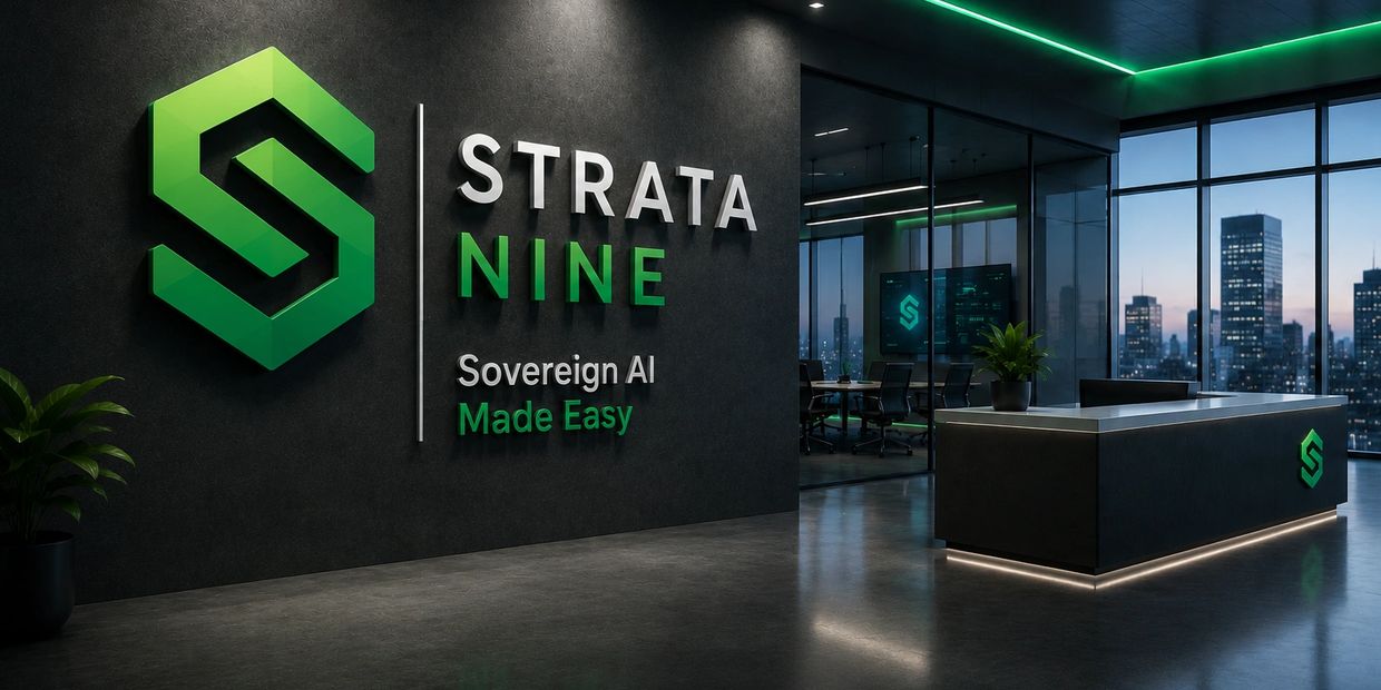 Modern office lobby with Strata Nine branding and city skyline view.