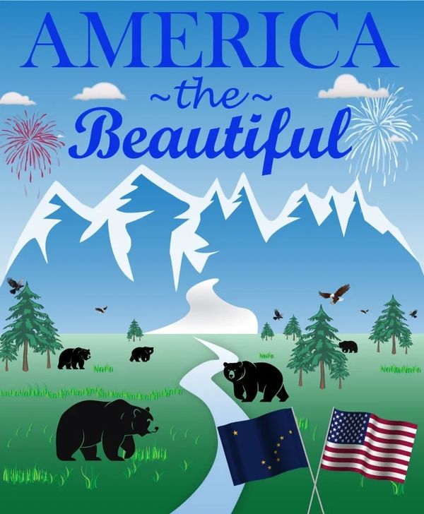 Illustration of American wilderness with bears, mountains, and flags, captioned 'America the Beautiful'.