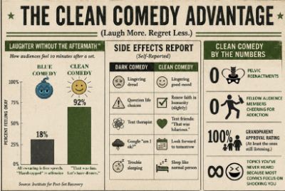 Infographic explaining benefits of clean comedy and minimal side effects.
