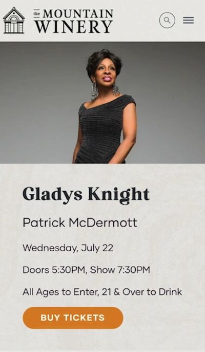 Concert announcement for Gladys Knight at The Mountain Winery.
