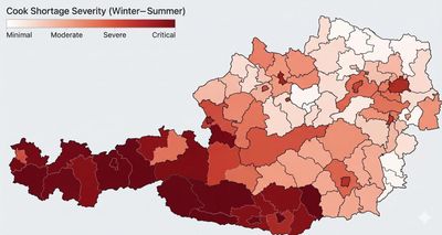 Map showing cook shortage severity across regions with varying intensity from minimal to critical.