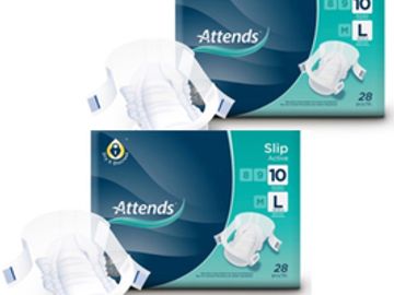 Attends products, incontinence supplies, available in a range of sizes.