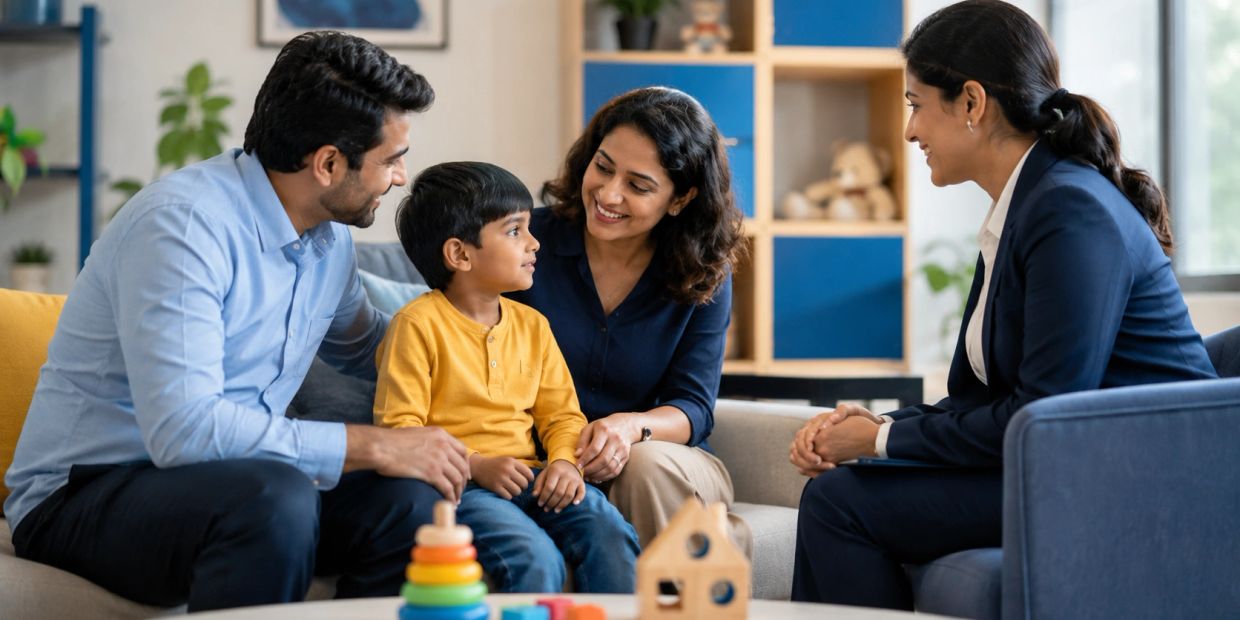 Indian prospective adoptive parents meeting a child with assistance from an adoption professional in