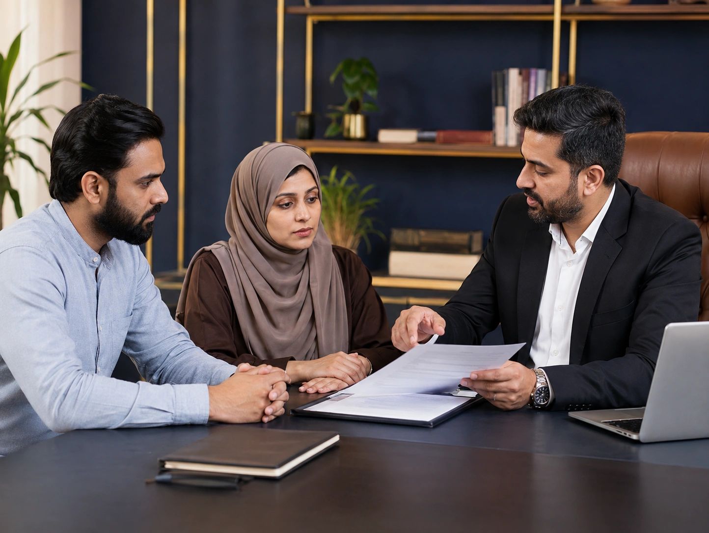 Indian Muslim couple consulting a lawyer about divorce in a professional law office in Chennai.