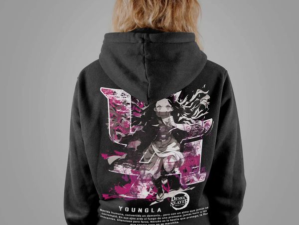 Sudadera negra con capucha YoungLA y diseño trasero de estilo anime en rosa y blanco