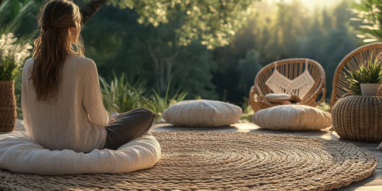 a backside of woman sitting on a cushion in a meditating peaceful position looking at the horizon