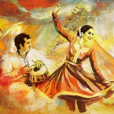 A vibrant painting of a woman dancing with a man playing drums.