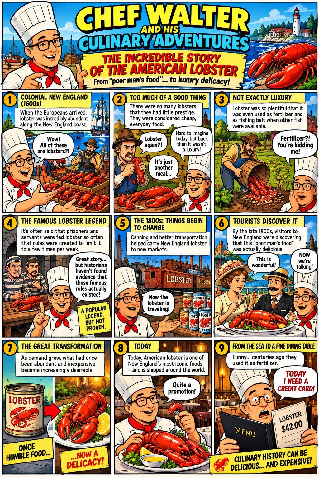 Comic strip about the history of American lobster from common food to luxury delicacy.