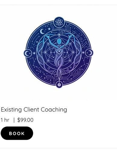 Symbolic cosmic design for existing client coaching session booking.