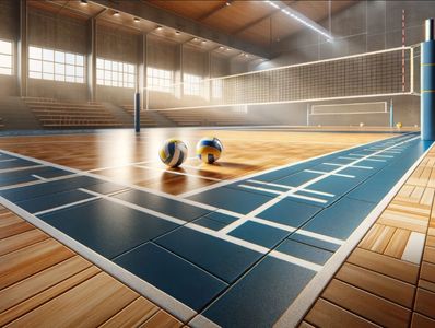 Empty indoor volleyball court with two volleyballs.