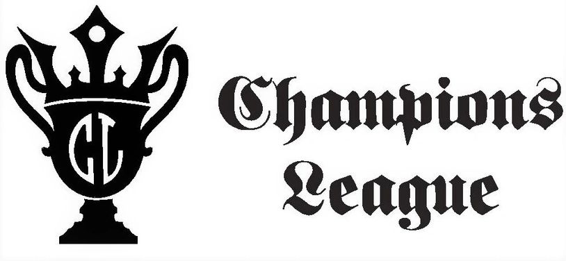 Black and white Champions League logo with a trophy and gothic text.
