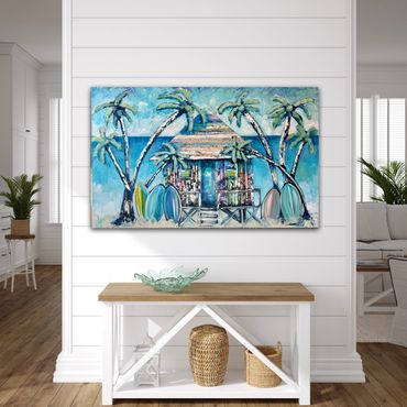Coastal painting of a beach hut with surfboards and palm trees.